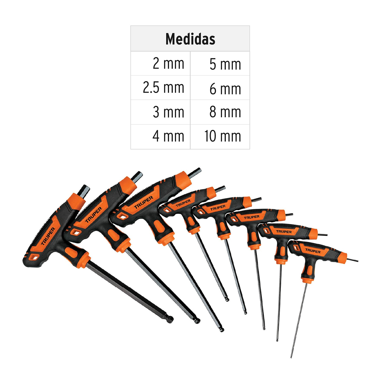 Juego de 8 llaves allen mango T Truper 100933, punta de bola,2 a 10 mm
