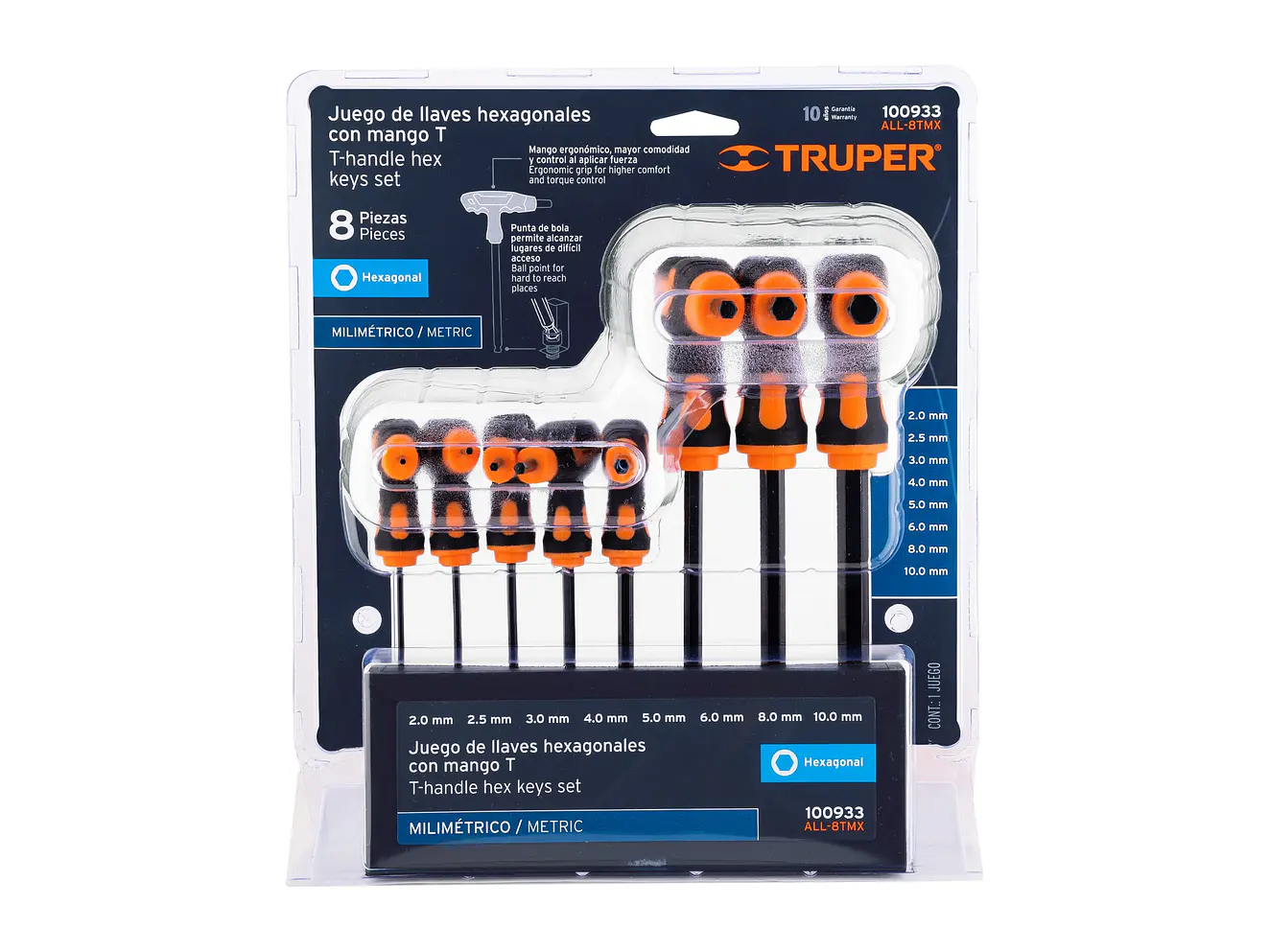Juego de 8 llaves allen mango T Truper 100933, punta de bola,2 a 10 mm