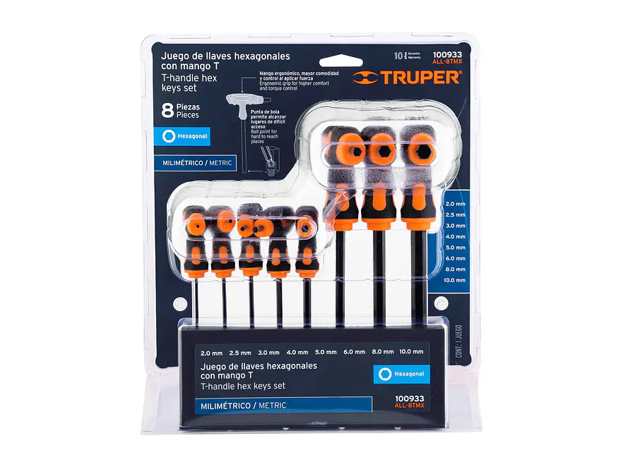 Juego de 8 llaves allen mango T Truper 100933, punta de bola,2 a 10 mm