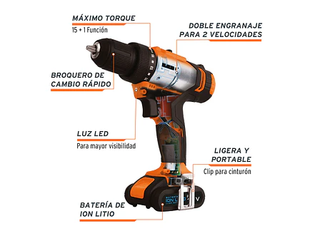 Taladro inalámbrico Truper 18153, batería ion litio, 12 V, 3/8