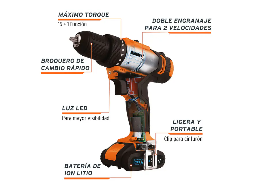 Taladro inalámbrico Truper 18153, batería ion litio, 12 V, 3/8