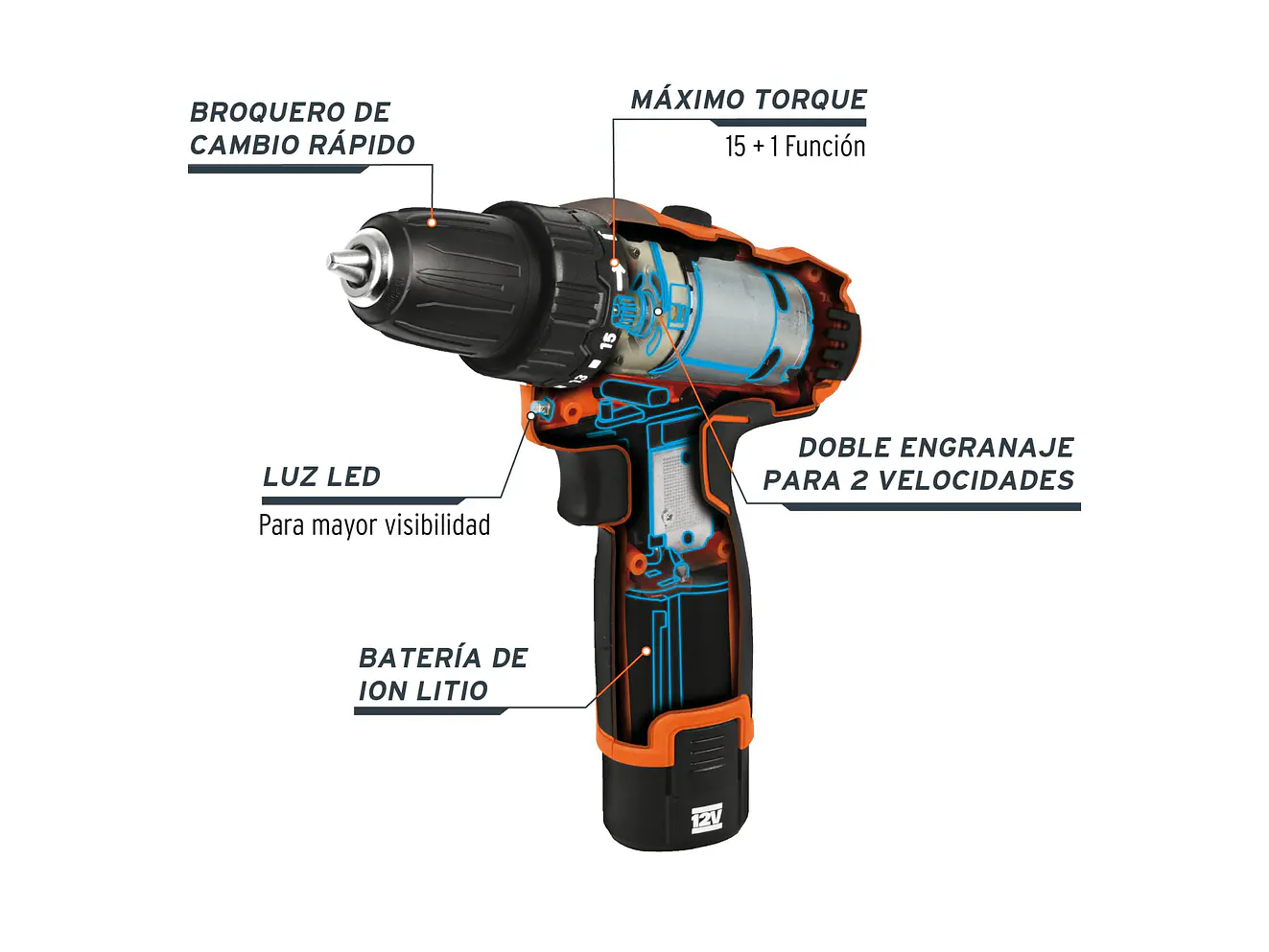 Taladro inalámbrico Truper 18653 compacto batería ion litio 12 V, 3/8