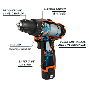 Taladro inalámbrico Truper 18653 compacto batería ion litio 12 V, 3/8