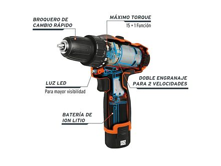 Taladro inalámbrico Truper 18653 compacto batería ion litio 12 V, 3/8