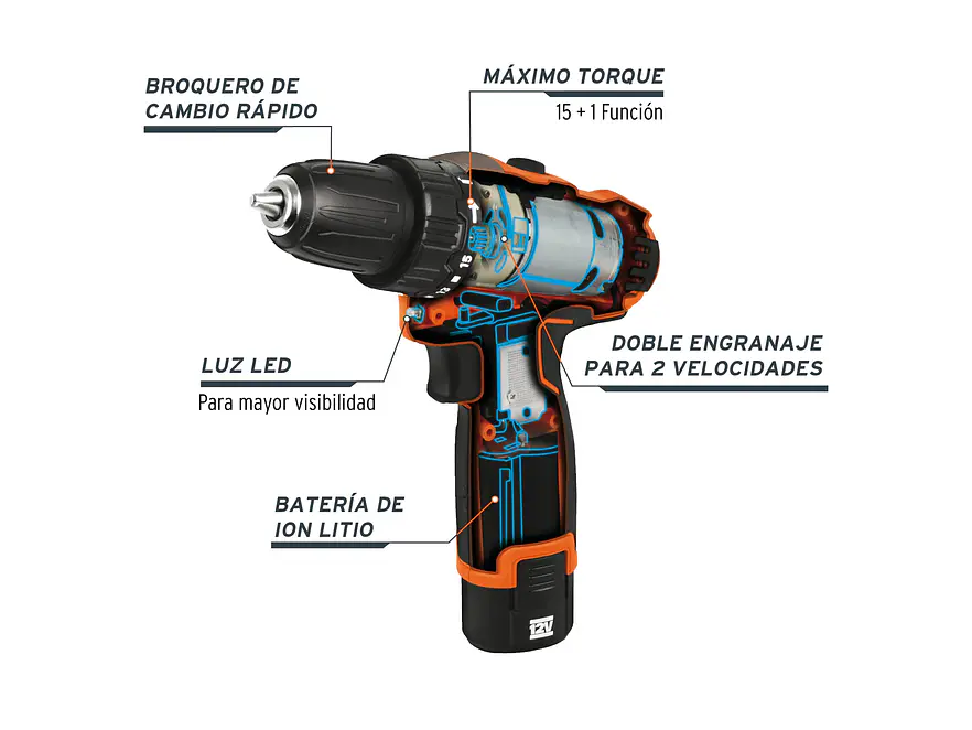 Taladro inalámbrico Truper 18653 compacto batería ion litio 12 V, 3/8