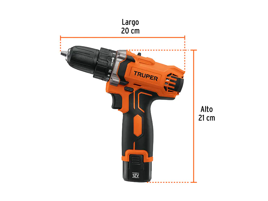 Taladro inalámbrico Truper 18653 compacto batería ion litio 12 V, 3/8