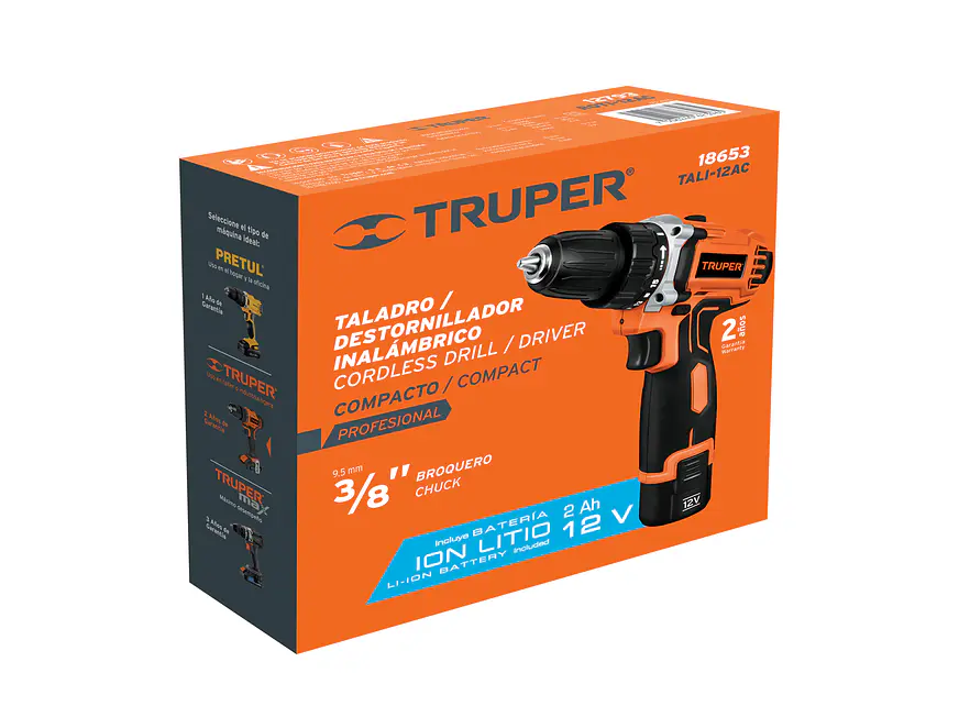 Taladro inalámbrico Truper 18653 compacto batería ion litio 12 V, 3/8