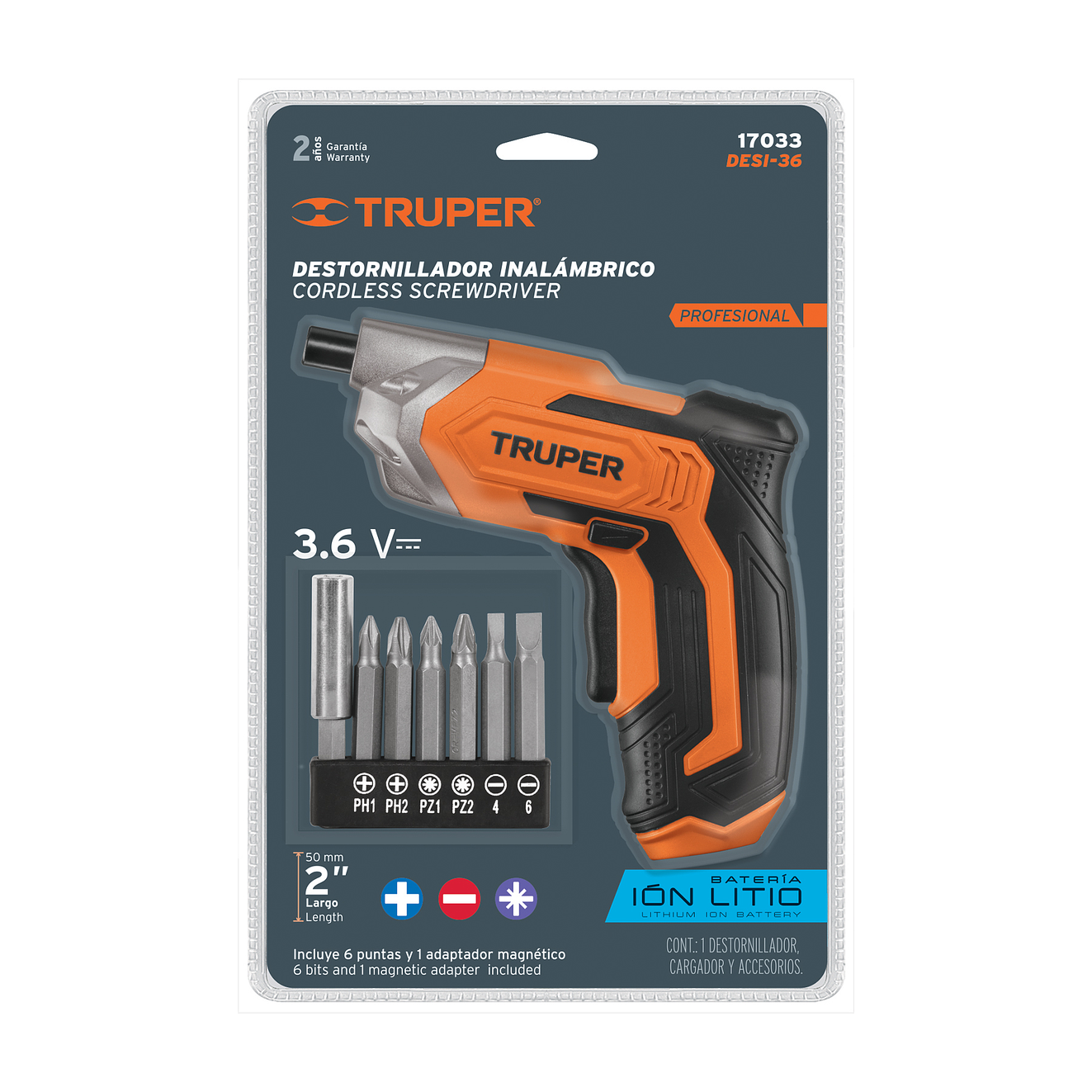 Atornillador inalámbrico Truper 17033, batería ion Litio 3.6 V  7