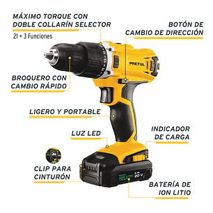 Rotomartillo inalámbrico Pretul 26117  1/2',batería ion litio 20V,Pretul