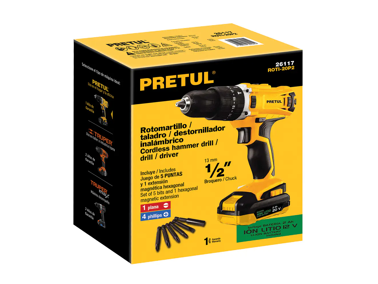 Rotomartillo inalámbrico Pretul 26117  1/2',batería ion litio 20V,Pretul
