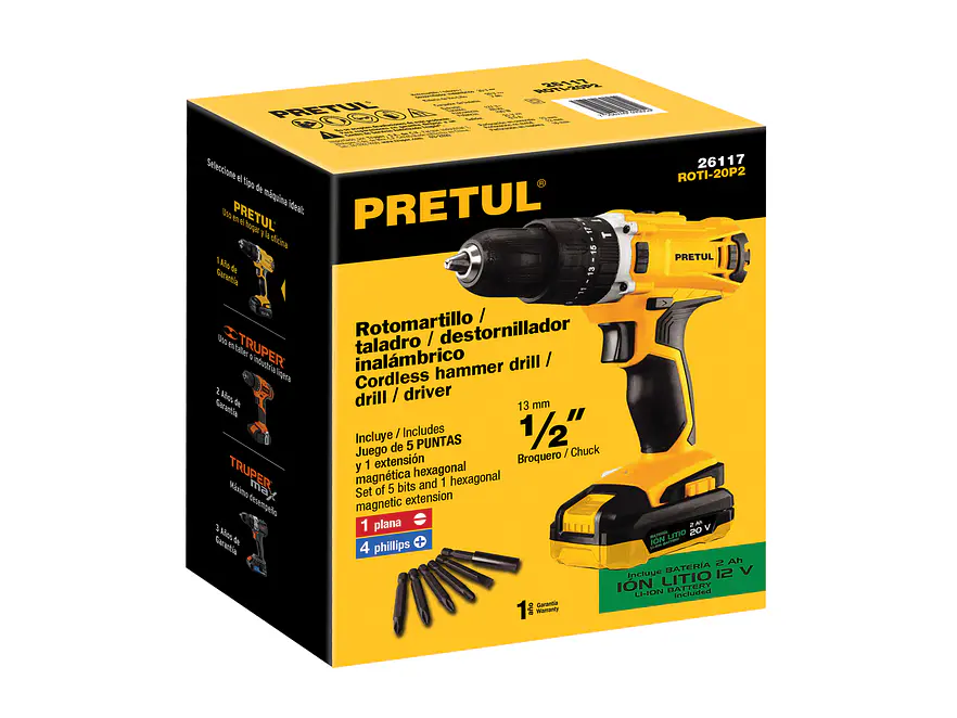 Rotomartillo inalámbrico Pretul 26117  1/2',batería ion litio 20V,Pretul