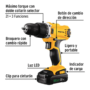Taladro inalámbrico 3/8' Pretul 26118 , batería ion litio 20 V