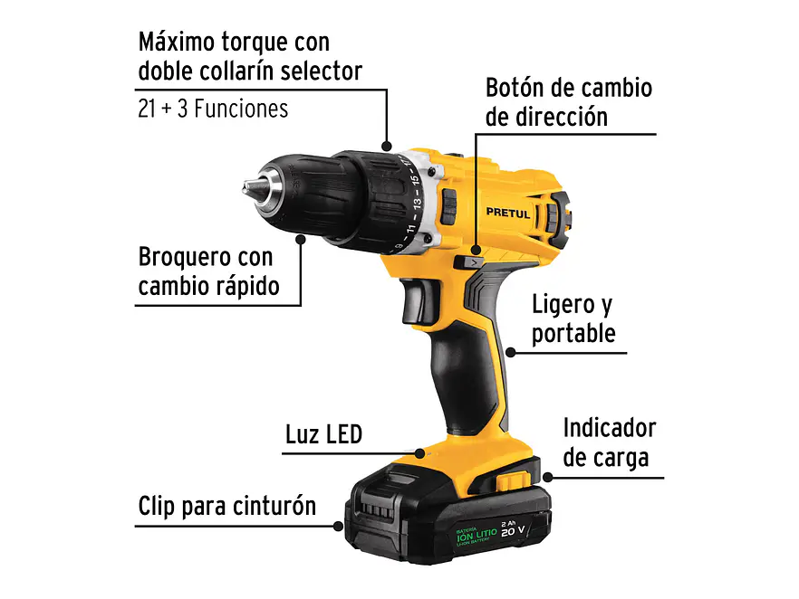 Taladro inalámbrico 3/8' Pretul 26118 , batería ion litio 20 V