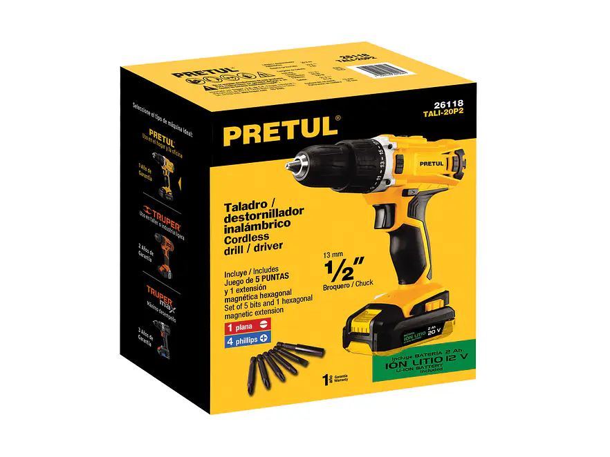 Taladro inalámbrico 3/8' Pretul 26118 , batería ion litio 20 V