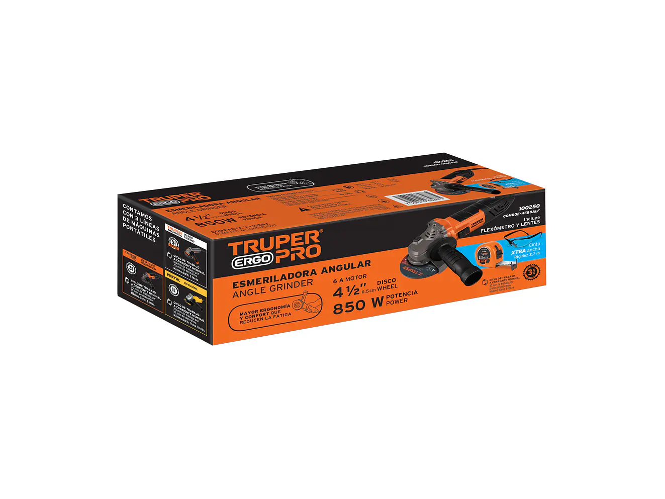 Combo Esmeriladora Truper 100250 4-1/2' 800W con lentes de seguridad y flexómetro  - Foto 2 | aztools.co