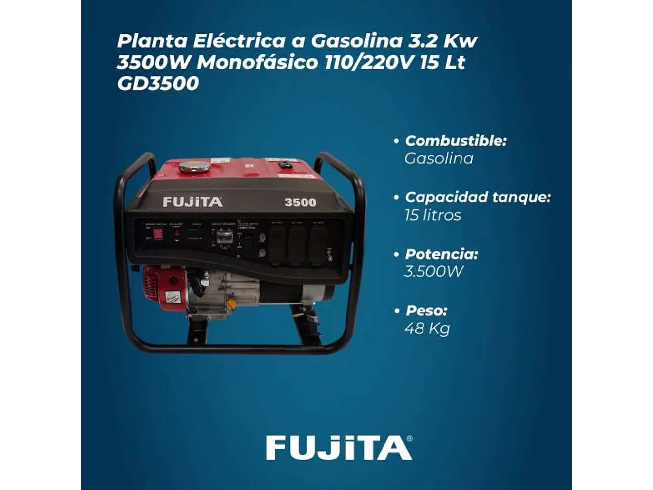 Planta Eléctrica a Gasolina Fujita GD3500 3500W 7.0HP Monofásica - Foto 6 | aztools.co
