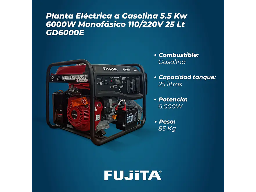 Planta Eléctrica 6000W Gasolina Fujita GD6000E con Arranque Eléctrico - Foto 4 | aztools.co