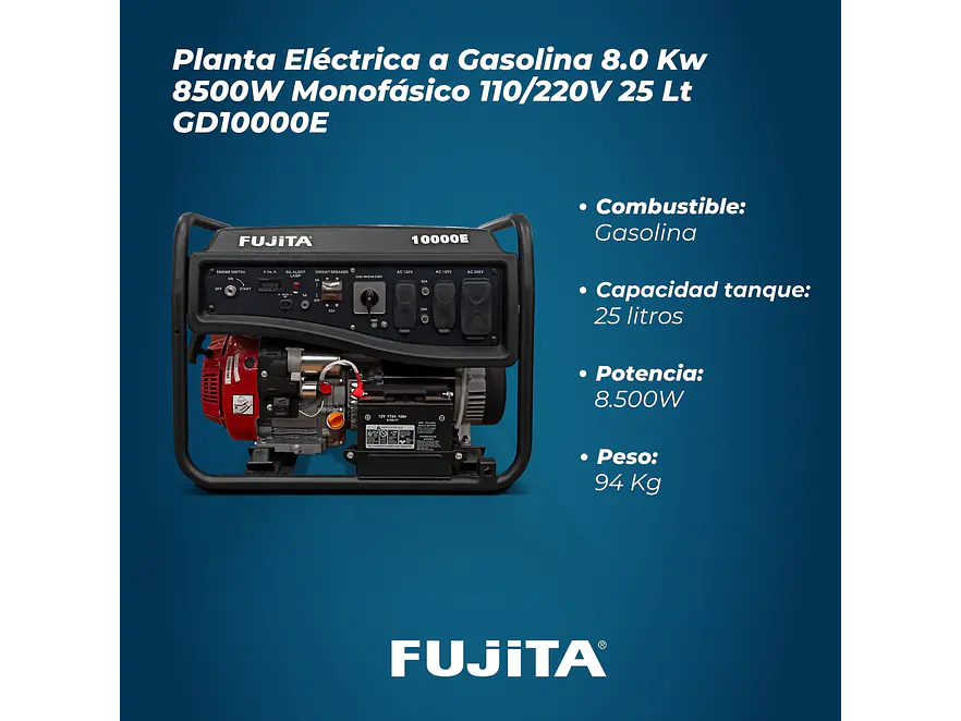 Planta Eléctrica 8500W Gasolina Fujita GD10000E Portátil y Potente - Foto 2 | aztools.co