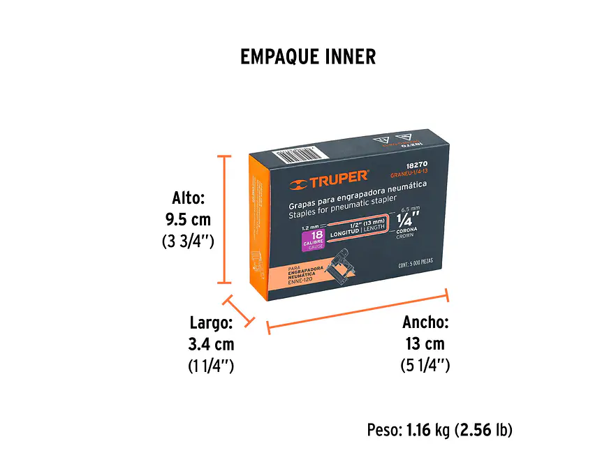 GRANEU-1/4-13 Grapas para grapadora neumática ENEU-1/4, 13mm, 5,000 pzas TRUPER 18270 - Foto 3 | aztools.co