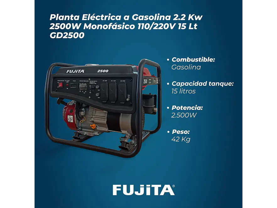 Planta Eléctrica a Gasolina Fujita GD2500 2500W Monofásica Portátil - Foto 3 | aztools.co