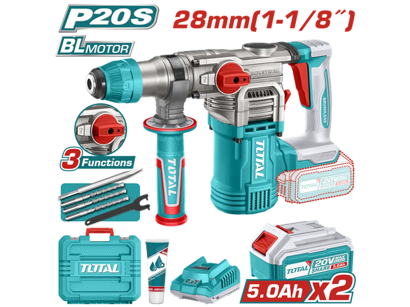 Rotomartillo Brushless 20V TOTAL UTRHLI202885 Industrial 4.5J + 2 Baterías + Accesorios - Foto 2 | aztools.co