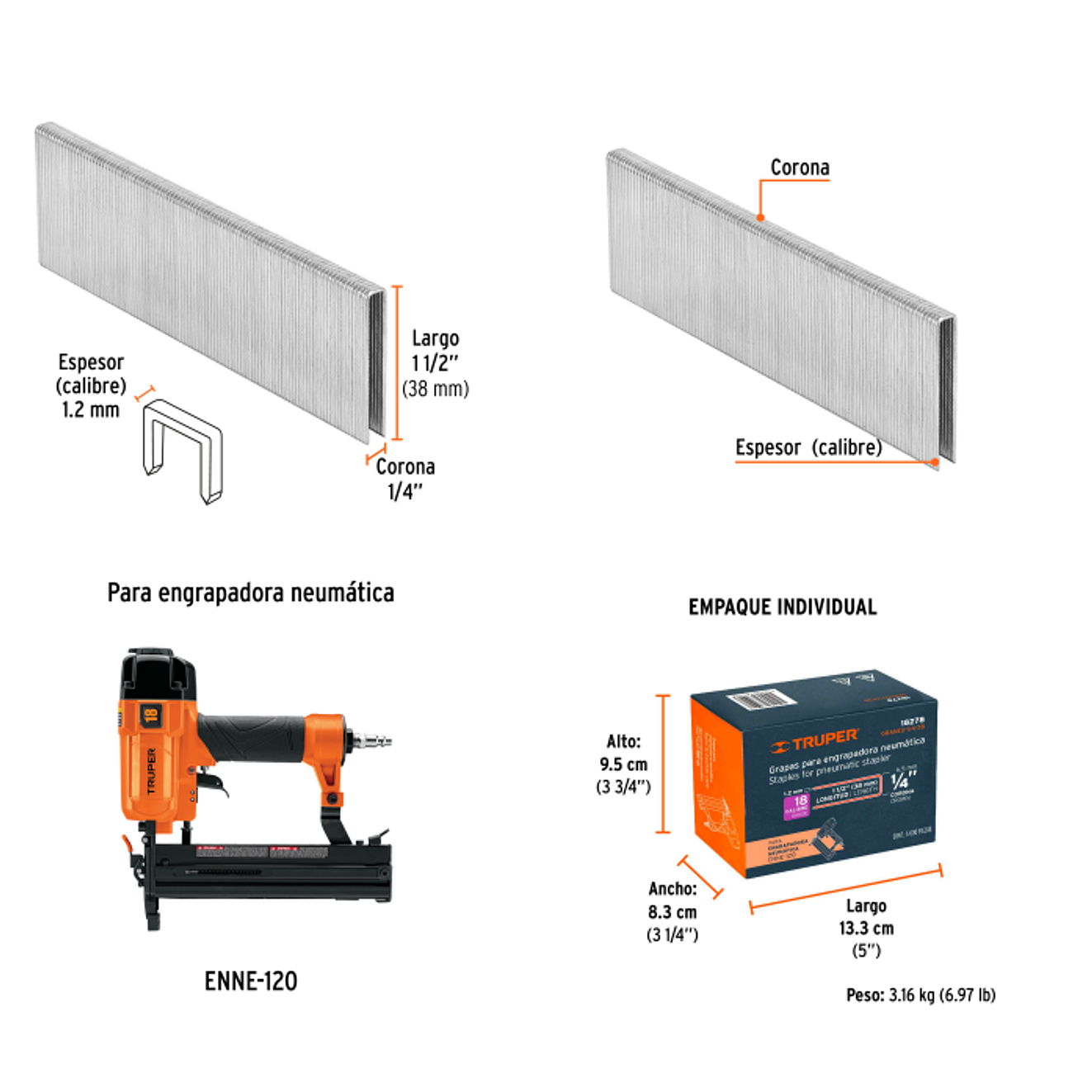 GRANEU-1/4-38 Grapas para grapadora neumática ENEU-1/4, 38mm, 5,000 pzas TRUPER 18278 2