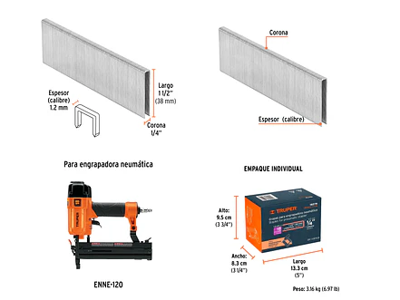 GRANEU-1/4-38 Grapas para grapadora neumática ENEU-1/4, 38mm, 5,000 pzas TRUPER 18278 - Foto 2 | aztools.co
