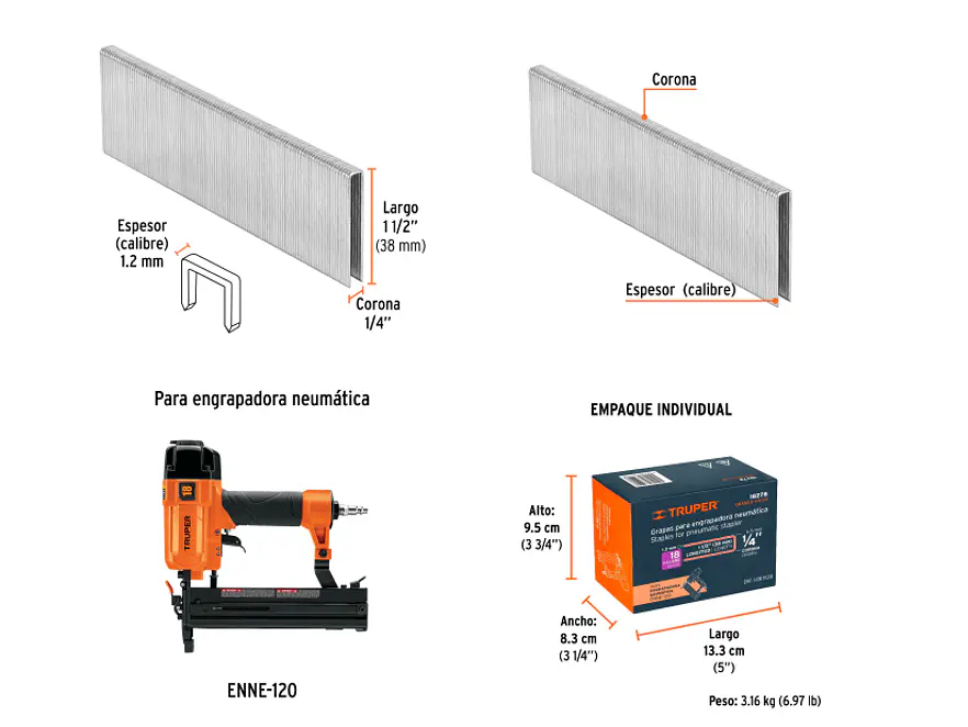 GRANEU-1/4-38 Grapas para grapadora neumática ENEU-1/4, 38mm, 5,000 pzas TRUPER 18278 - Foto 2 | aztools.co