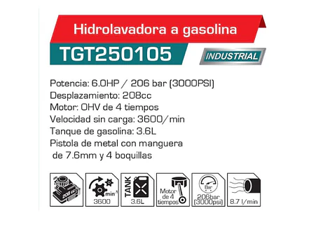 Hidrolavadora a Gasolina TOTAL TGT250105 6HP 3100 PSI Profesional - Foto 2 | aztools.co