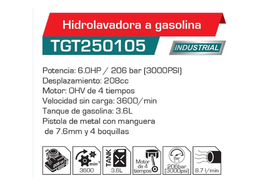 Hidrolavadora a Gasolina TOTAL TGT250105 6HP 3100 PSI Profesional - Foto 2 | aztools.co