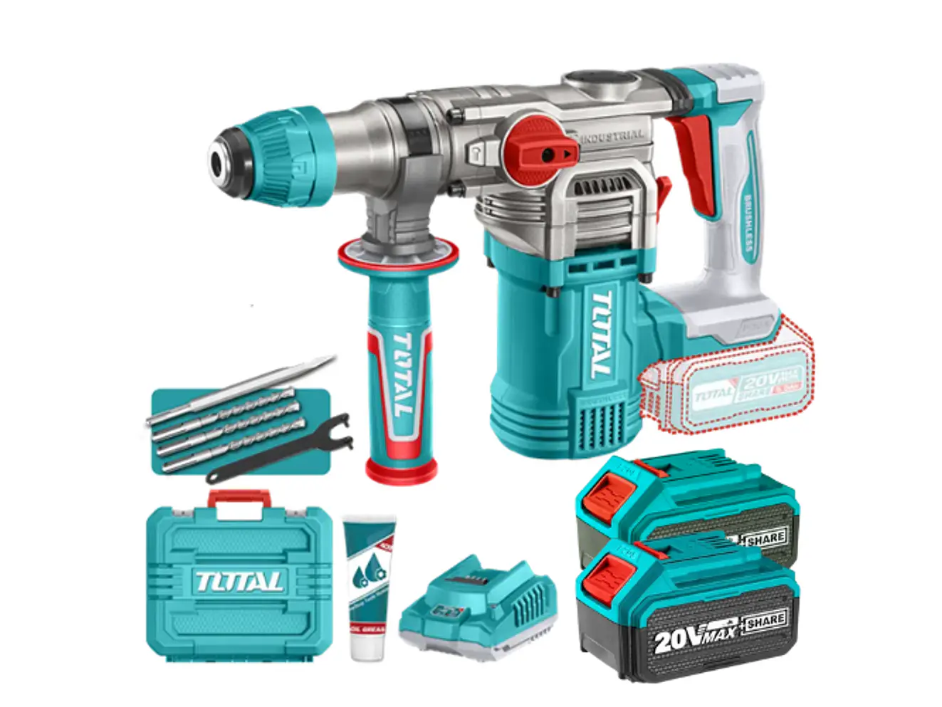 Rotomartillo Brushless 20V TOTAL UTRHLI202885 Industrial 4.5J + 2 Baterías + Accesorios - Foto 1 | aztools.co