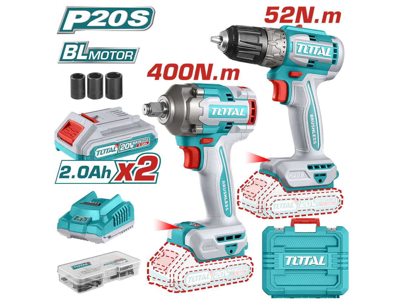 Combo Brushless 20V TOTAL UTCKLI20271 Taladro Percutor + Llave de Impacto - Envío a todo Colombia | aztools.co