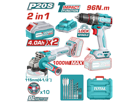 Combo de herramientas inalámbricas Total UTOSLI241298 con taladro 96Nm y Pulidora angular 1000W motor sin escobillas 20V - Envío a todo Colombia | aztools.co