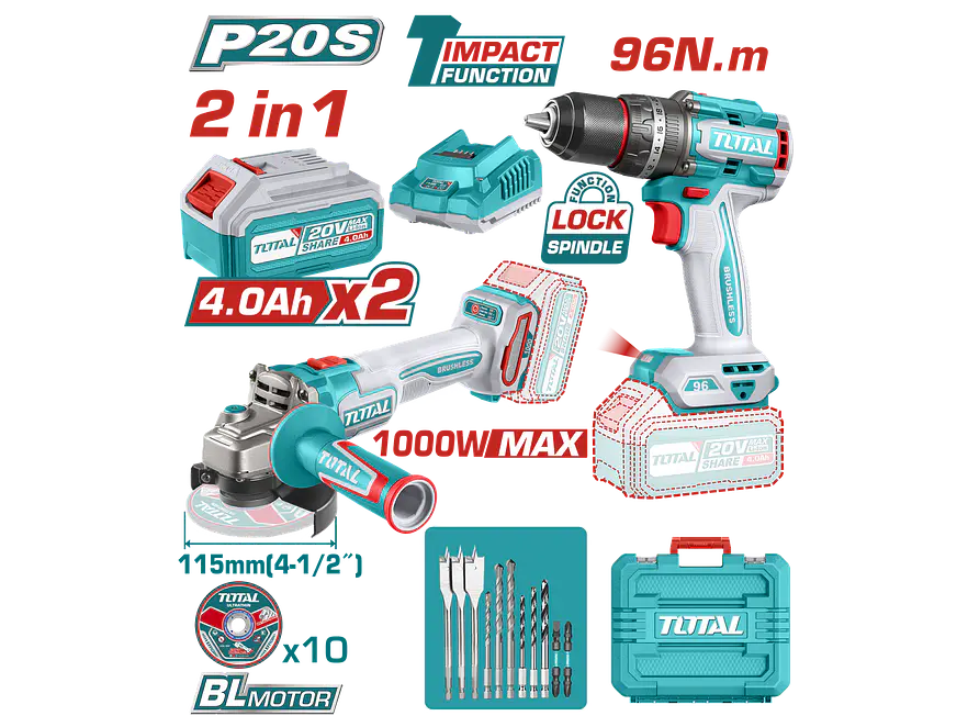 Combo de herramientas inalámbricas Total UTOSLI241298 con taladro 96Nm y Pulidora angular 1000W motor sin escobillas 20V - Envío a todo Colombia | aztools.co