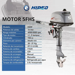 Motor Fuera de Borda Hidea 5HP 2 Tiempos Portátil Referencia 5FHS