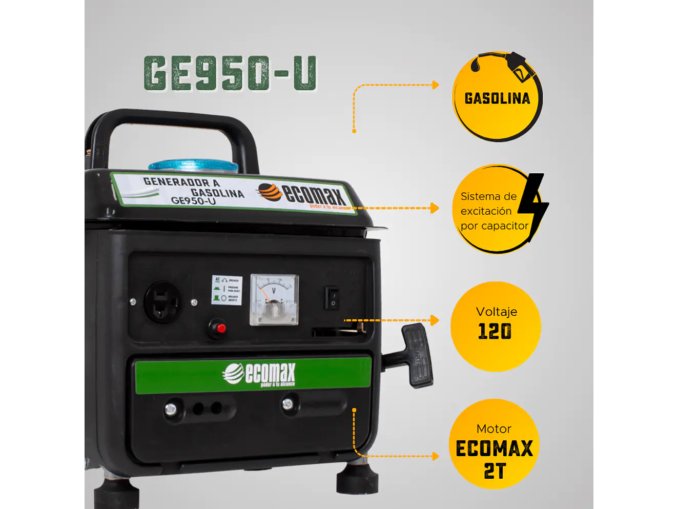 Planta Eléctrica Gasolina 0.9 kVA, 900W 2T Ecomax GE950-U  - Foto 6 | aztools.co