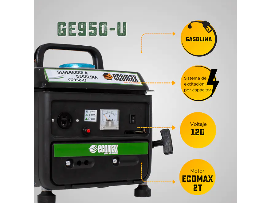Planta Eléctrica Gasolina 0.9 kVA, 900W 2T Ecomax GE950-U  - Foto 6 | aztools.co