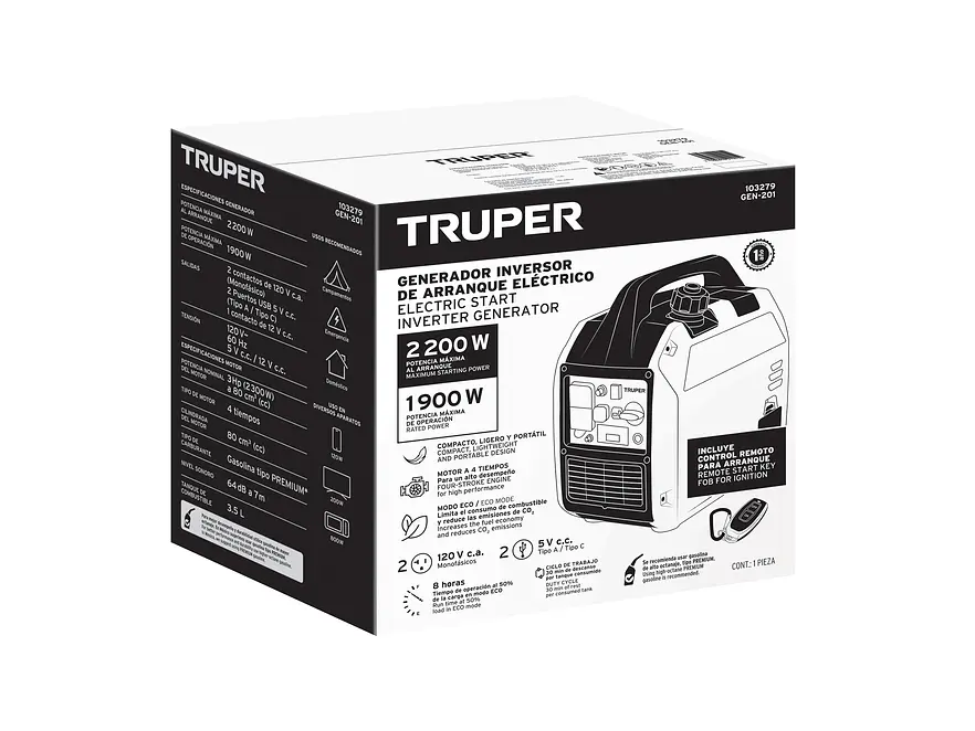 Planta Eléctrica Inverter Truper 103279 2.2kW 2,200 W Silenciosa con encendido remoto - Foto 6 | aztools.co