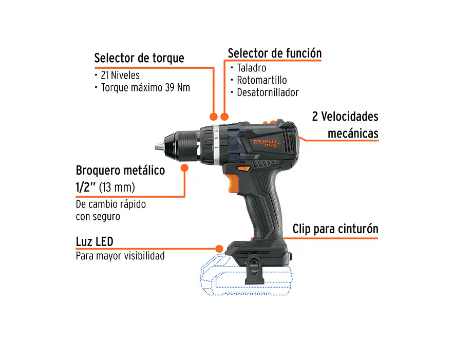 Taladro Inalámbrico TRUPER 101405 20V Brushless 1/2