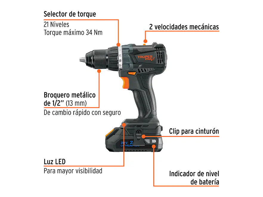 Taladro Inalámbrico TRUPER 101452 20V Brushless con 2 Baterías MAX-20T - Foto 3 | aztools.co