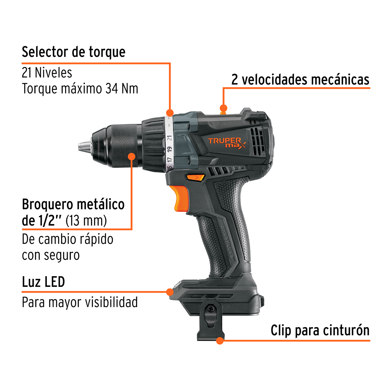 Taladro Inalámbrico TRUPER 101404 20V Brushless 1/2