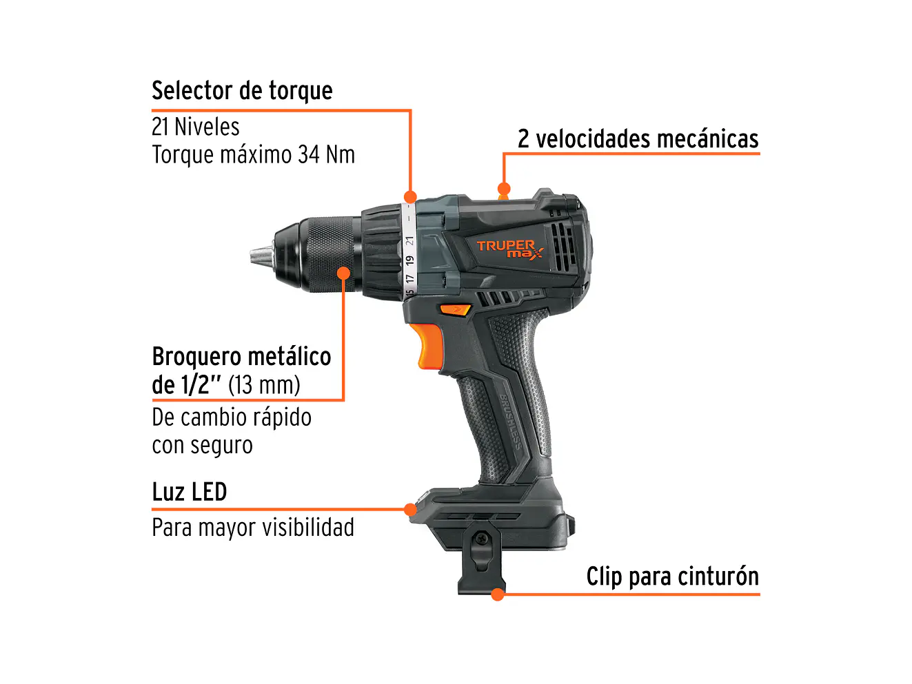 Taladro Inalámbrico TRUPER 101404 20V Brushless 1/2
