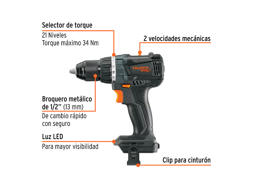 Taladro Inalámbrico TRUPER 101404 20V Brushless 1/2