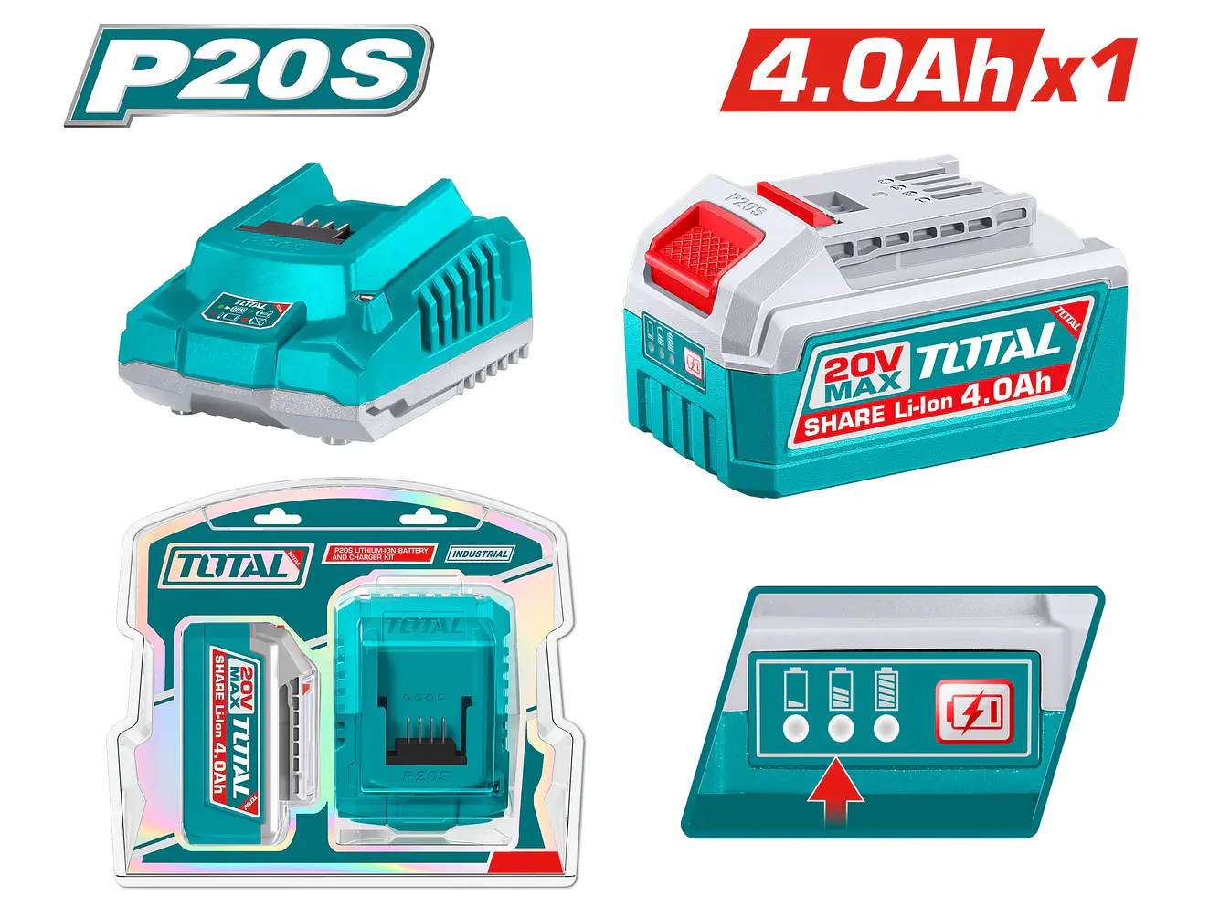 Kit Batería 4.0Ah + Cargador 20V Industrial TOTAL UTFBCPK1012 - Envío a todo Colombia | aztools.co