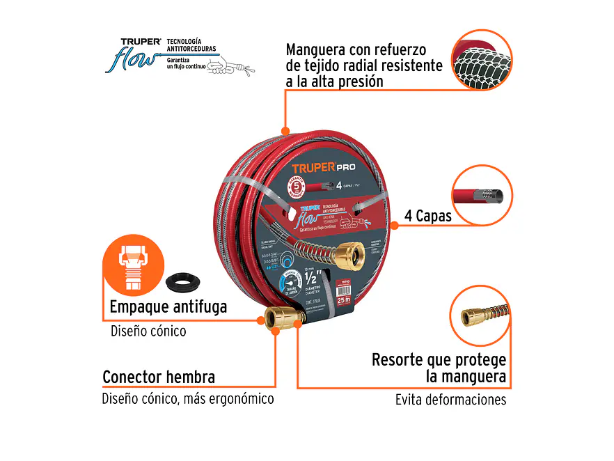 Manguera Reforzada Truper 19793, 4 Capas, 1/2