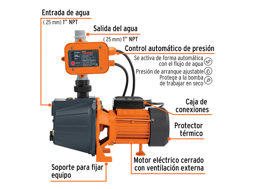 Bomba Presurizadora Jet Truper PRE-1/2 102856 1/2 HP 30m Altura con Control Automático 110V - Foto 2 | aztools.co