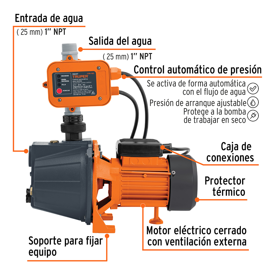 Bomba Presurizadora Jet Truper PRE-1/2 102856 1/2 HP 30m Altura con Control Automático 110V - Foto 2 | aztools.co