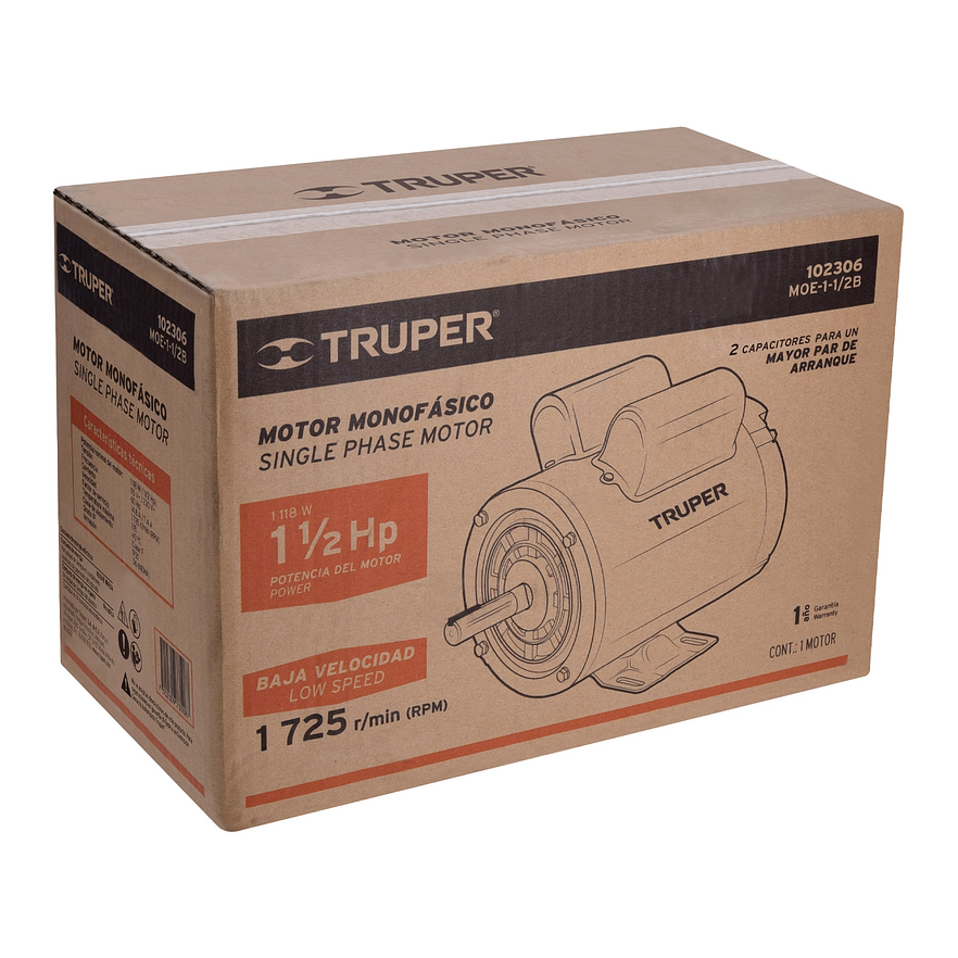 Motor Eléctrico Monofásico Truper 102306, 1 1/2 HP, Baja Velocidad - Foto 4 | aztools.co