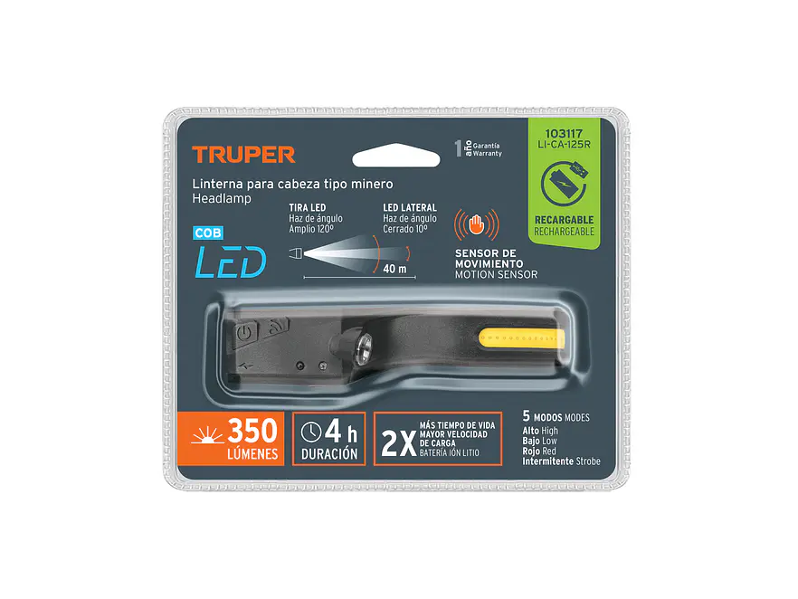 Linterna de Minero LED Truper 103117, Recargable, 350 lm con Sensor - Foto 5 | aztools.co