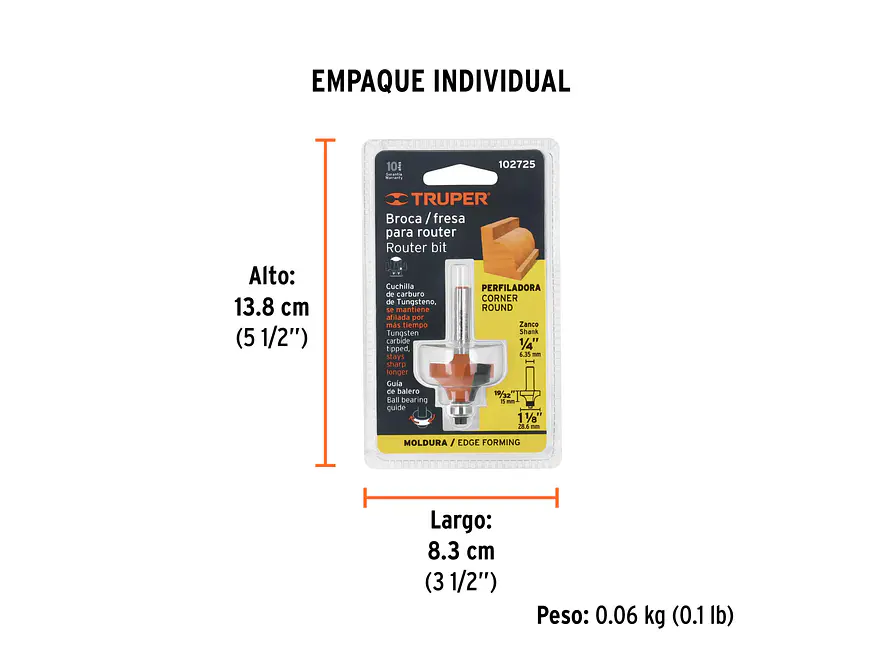 Fresa para Ruteadora Truper 102725, Redondeadora de Moldura, 1-1/8
